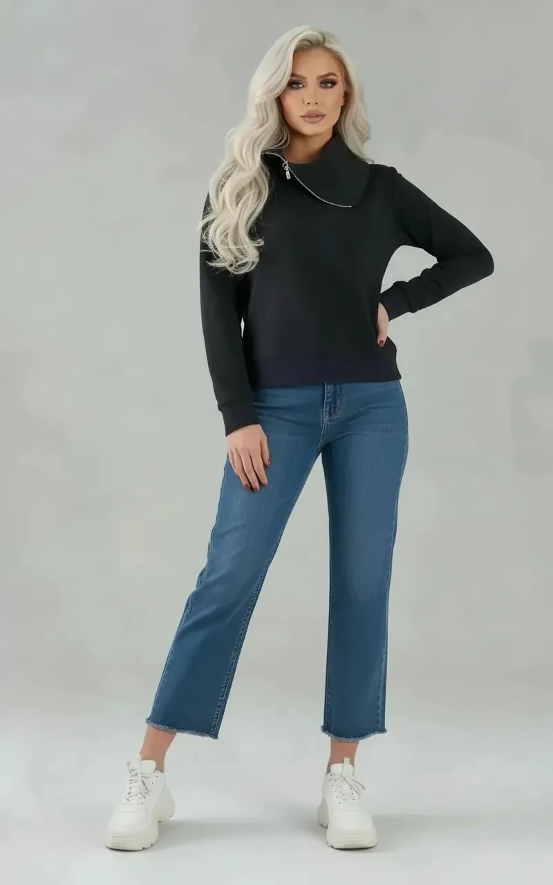 Siyah, Fermuarlı, Asimetrik Yaka Sweatshirt