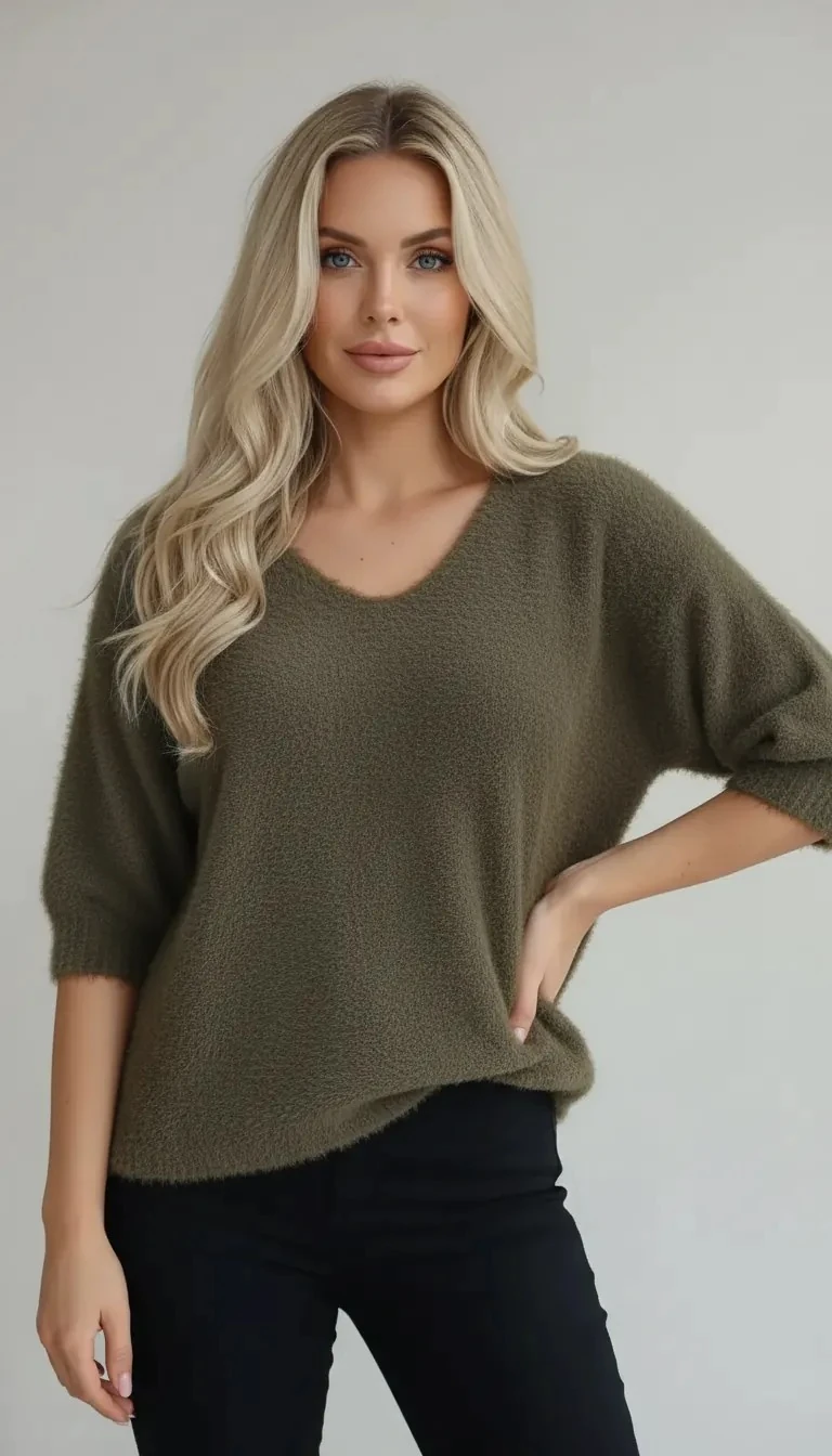 Haki Renk Tüylü 3/4 Kollu Triko