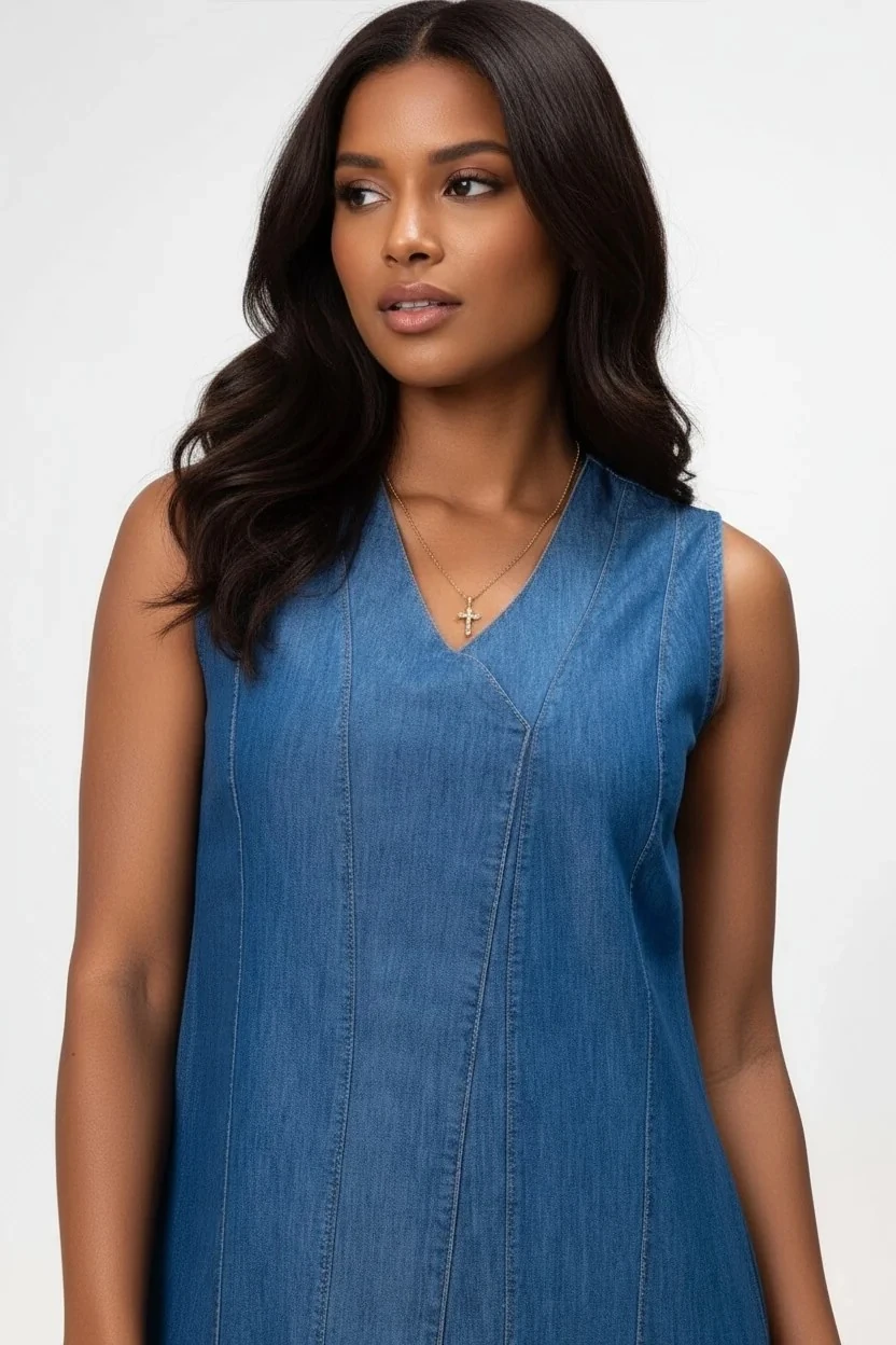 Kadın Yırtmaçlı V Yakalı Kolsuz Pamuklu Elbise mavi kot
