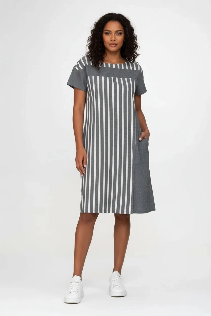 Kadın Pamuklu Çizgili Kombinli Cepli Elbise – Yırtmaçlı Tasarım