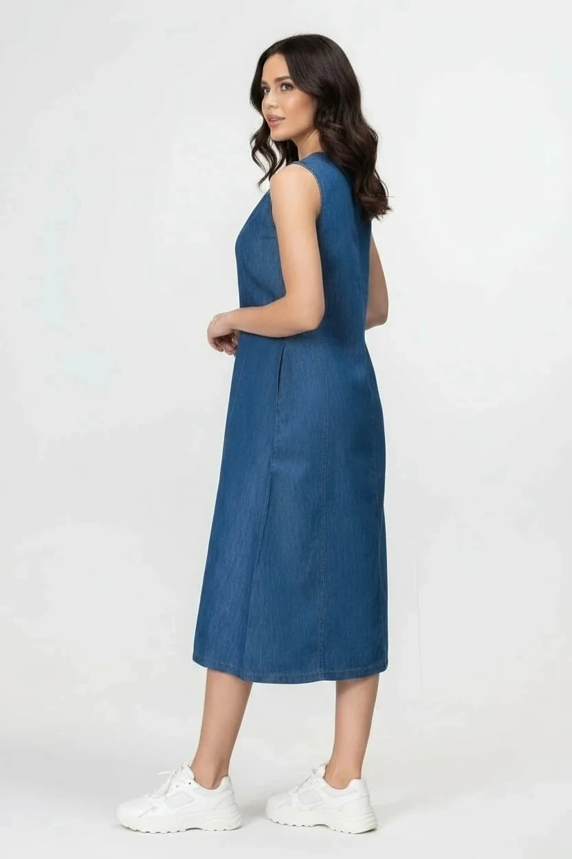 Kadın Yırtmaçlı V Yakalı Kolsuz Pamuklu Elbise mavi kot