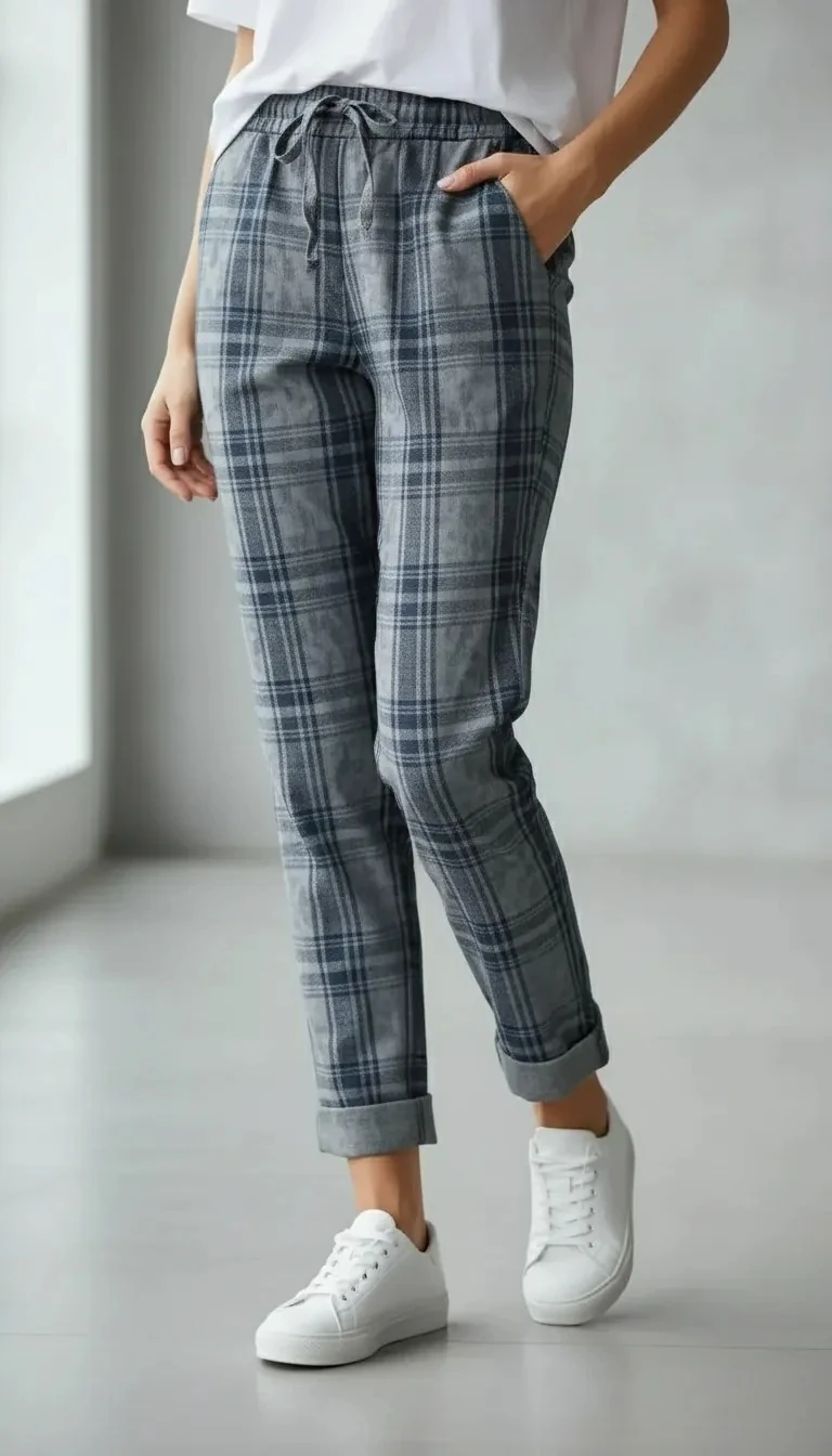 Gri Ekose Desenli Pantolon