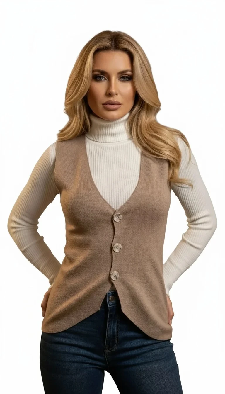  Asil V Yaka Düğmeli Süveter Yelek