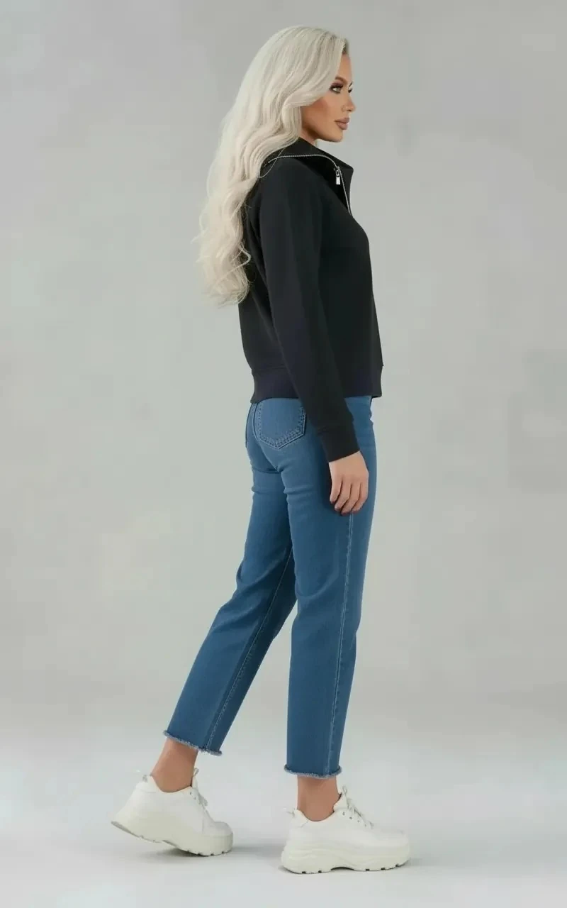 Siyah, Fermuarlı, Asimetrik Yaka Sweatshirt