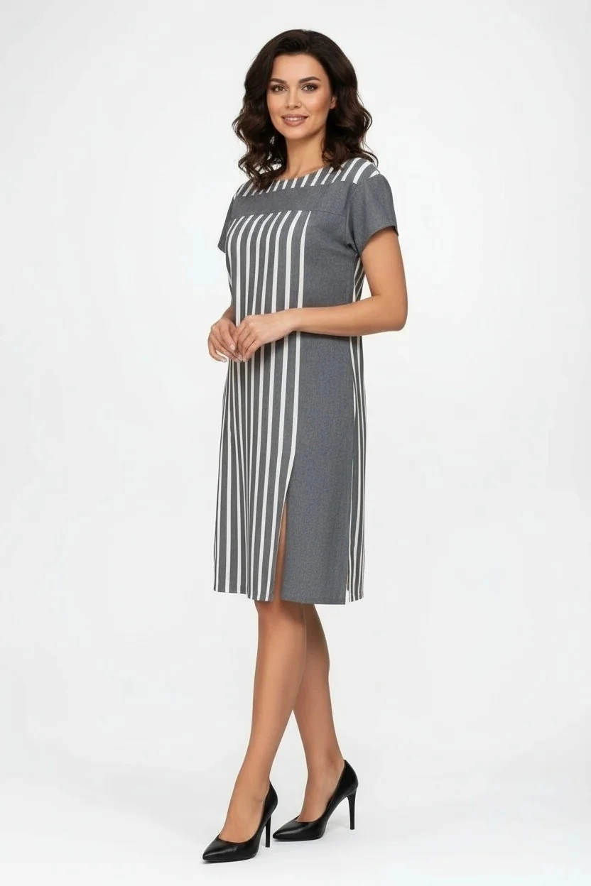 Kadın Pamuklu Çizgili Kombinli Cepli Elbise – Yırtmaçlı Tasarım