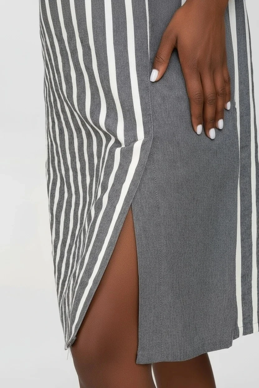 Kadın Pamuklu Çizgili Kombinli Cepli Elbise – Yırtmaçlı Tasarım