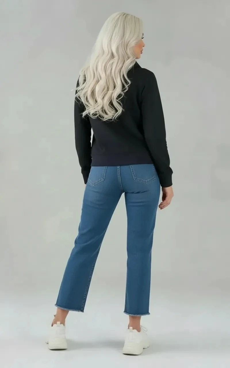 Siyah, Fermuarlı, Asimetrik Yaka Sweatshirt