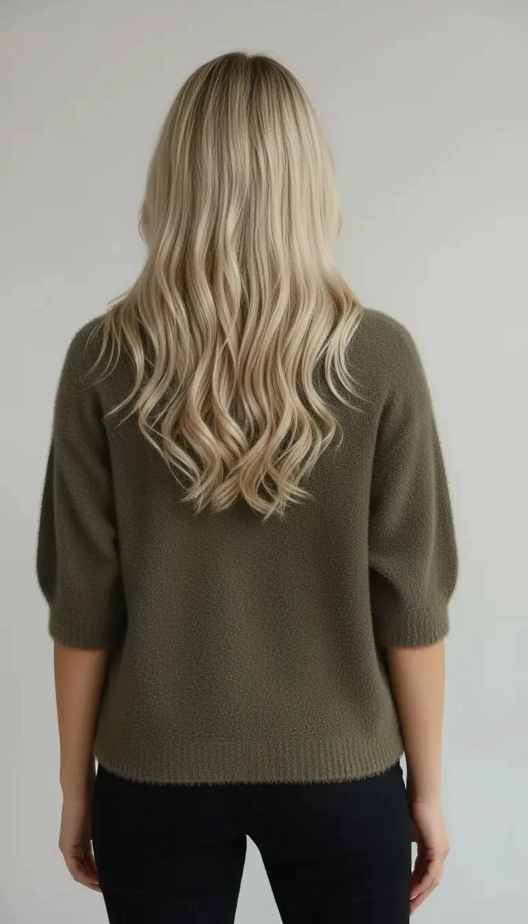 Haki Renk Tüylü 3/4 Kollu Triko