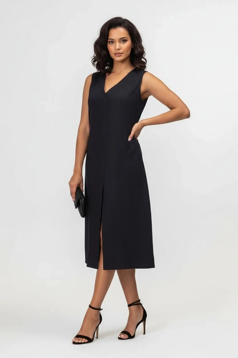 Kadın Yırtmaçlı V Yakalı Kolsuz Pamuklu Elbise siyah