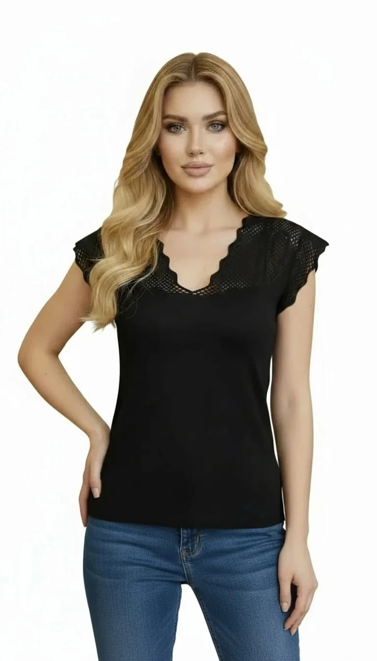 Sierra Otantik Kadın Örgü Dantel Detaylı V Yaka Bluz | İnce Triko Kumaş, Kısa Kollu, Kahve/Mürdüm, Şık Casual Giyim - Siyah