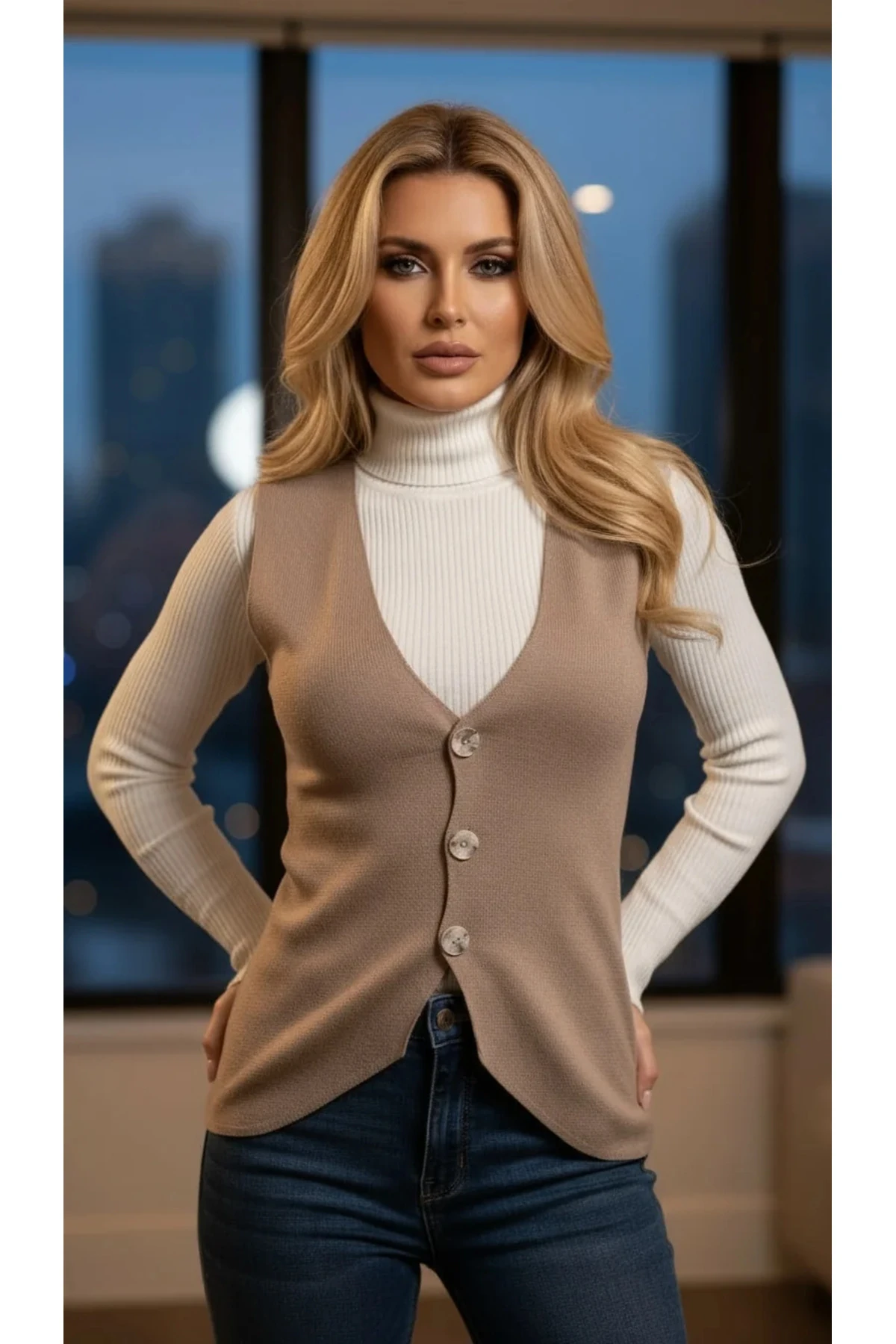 V Yaka Düğmeli Süveter Yelek