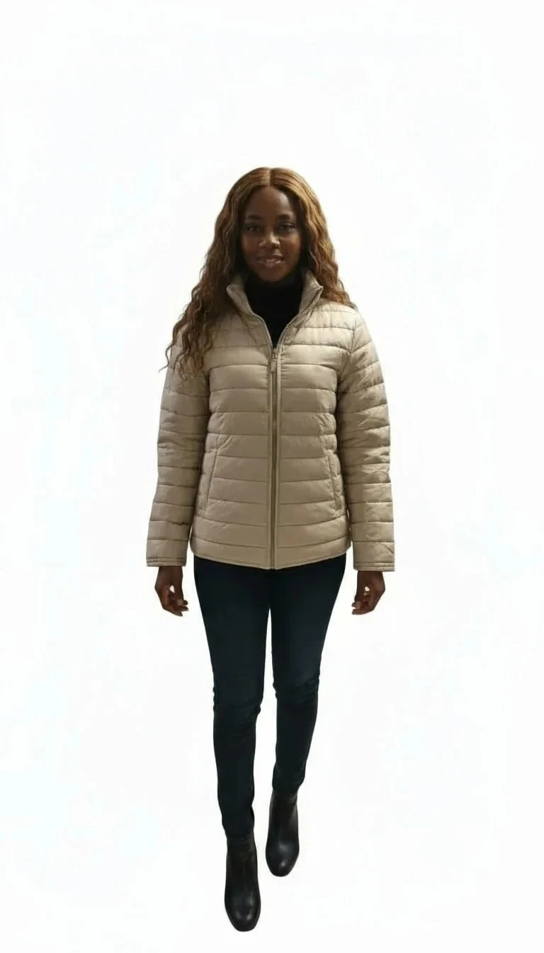 Sierra Otantik Kadın Bej Şişme Mont – Dik Yaka Fermuarlı, Kapitone Detaylı, Kışlık Outdoor Ceket