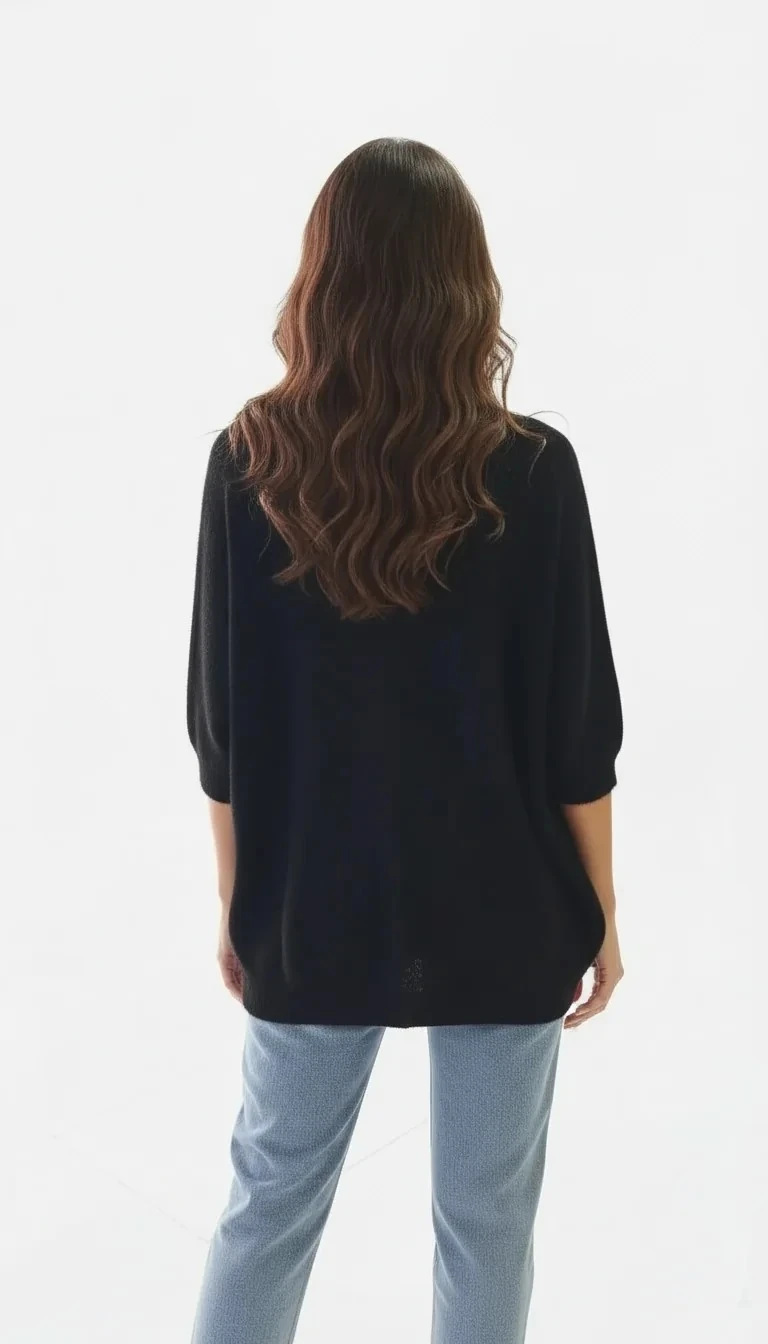 Siyah Tüylü V Yaka  3/4 Kollu Triko