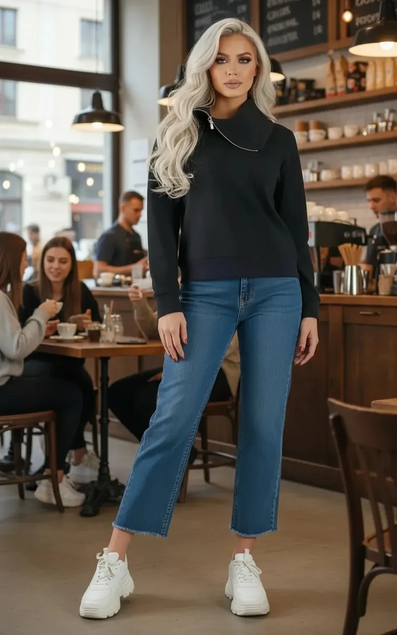 Siyah, Fermuarlı, Asimetrik Yaka Sweatshirt