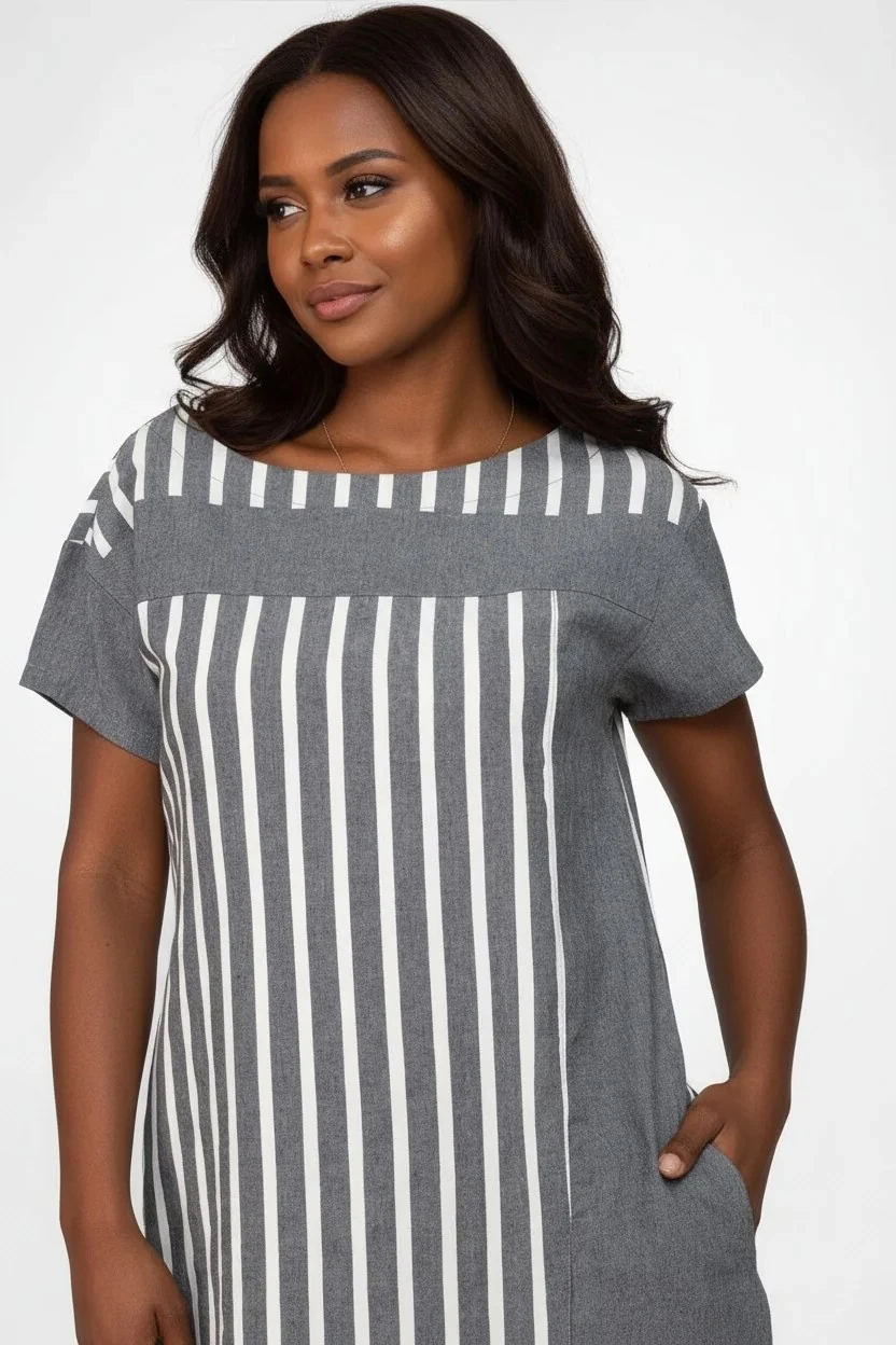 Kadın Pamuklu Çizgili Kombinli Cepli Elbise – Yırtmaçlı Tasarım