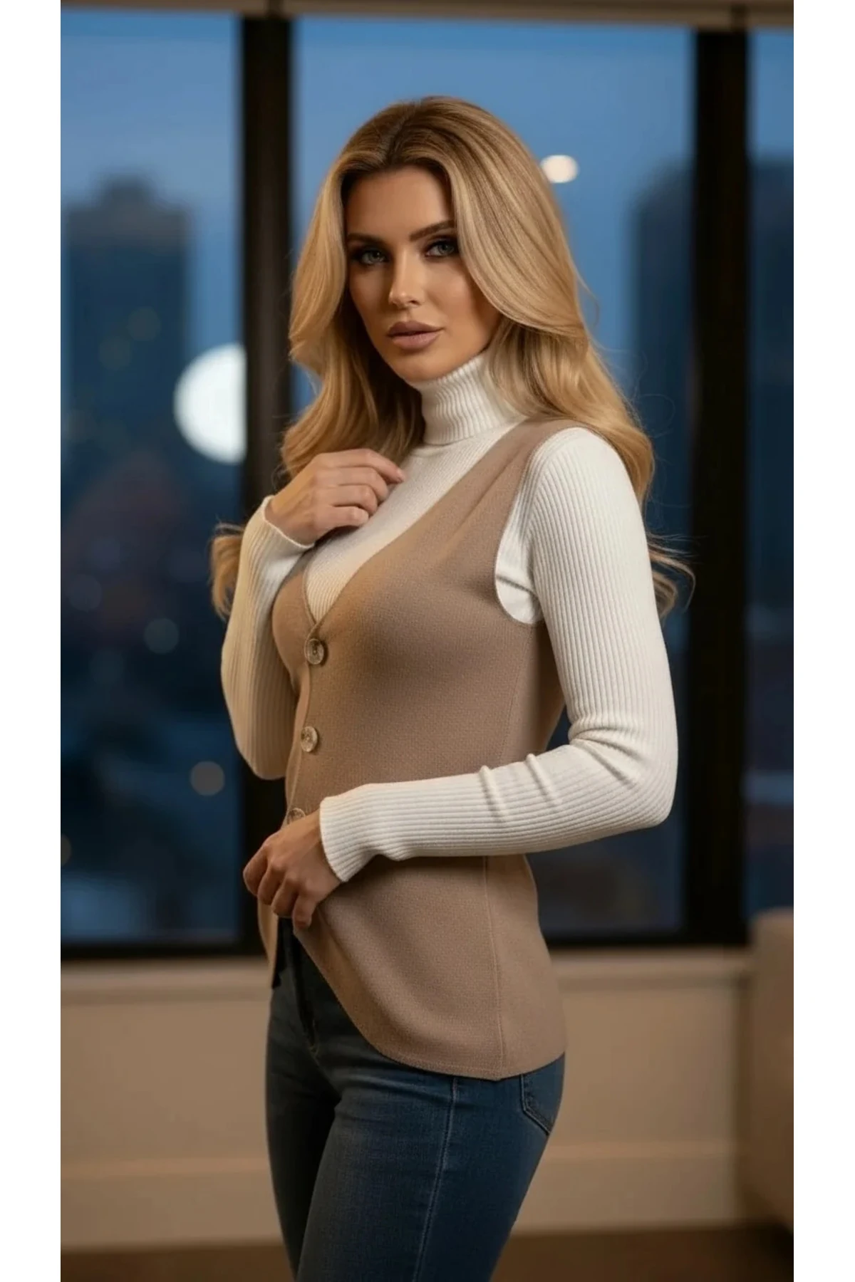 V Yaka Düğmeli Süveter Yelek