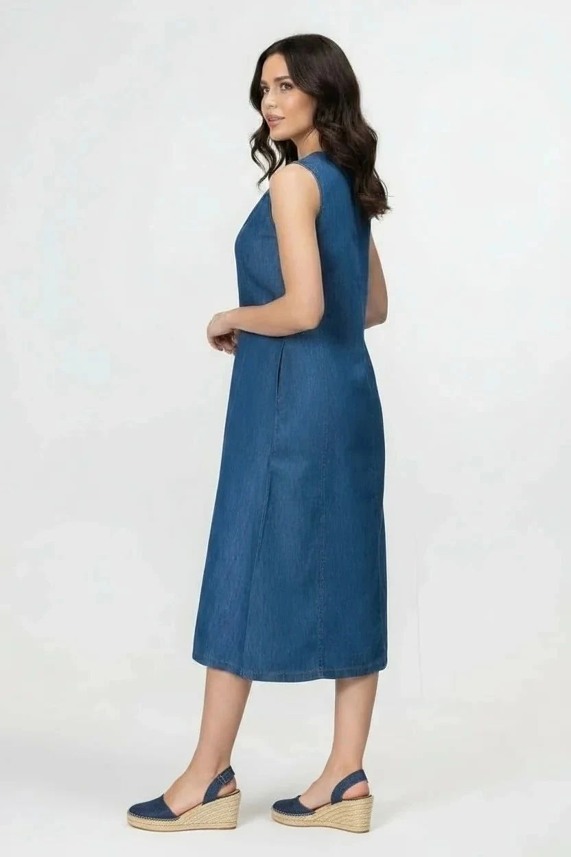 Kadın Yırtmaçlı V Yakalı Kolsuz Pamuklu Elbise mavi kot