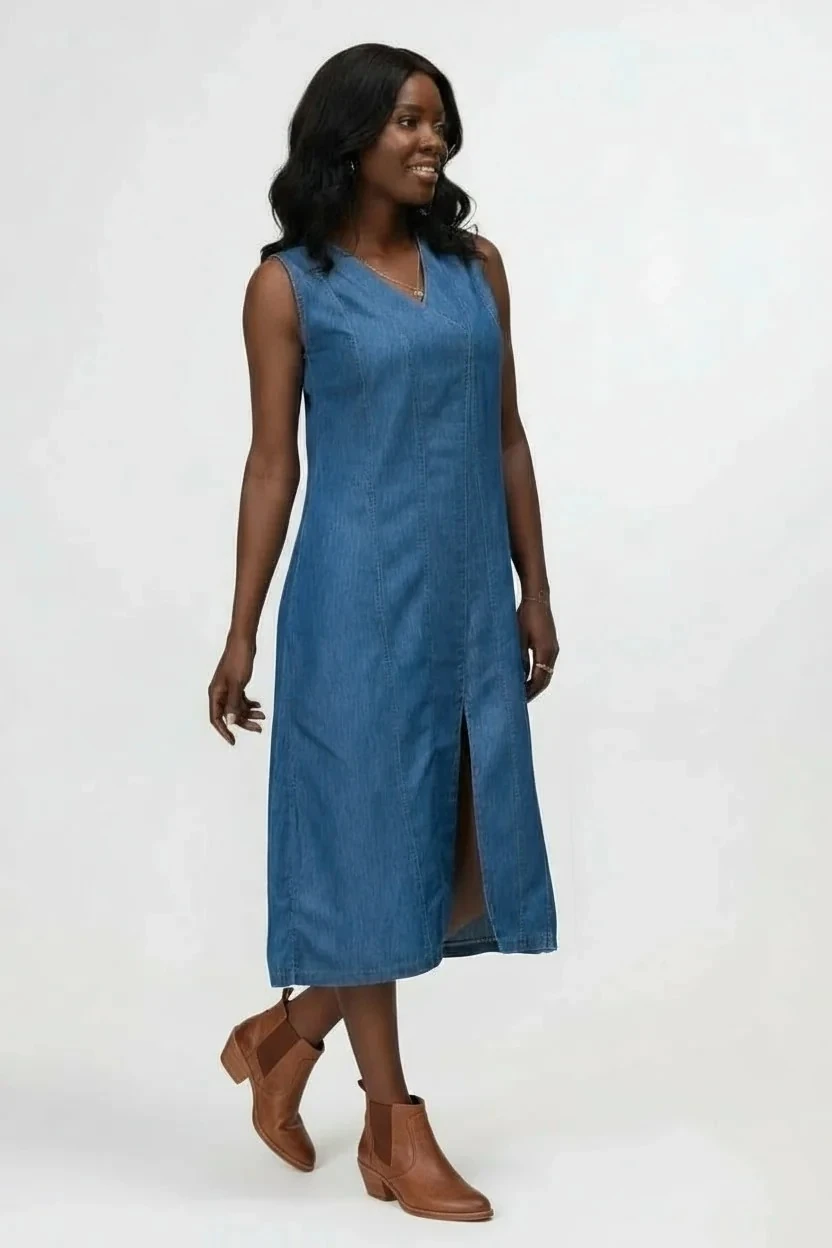 Kadın Yırtmaçlı V Yakalı Kolsuz Pamuklu Elbise mavi kot