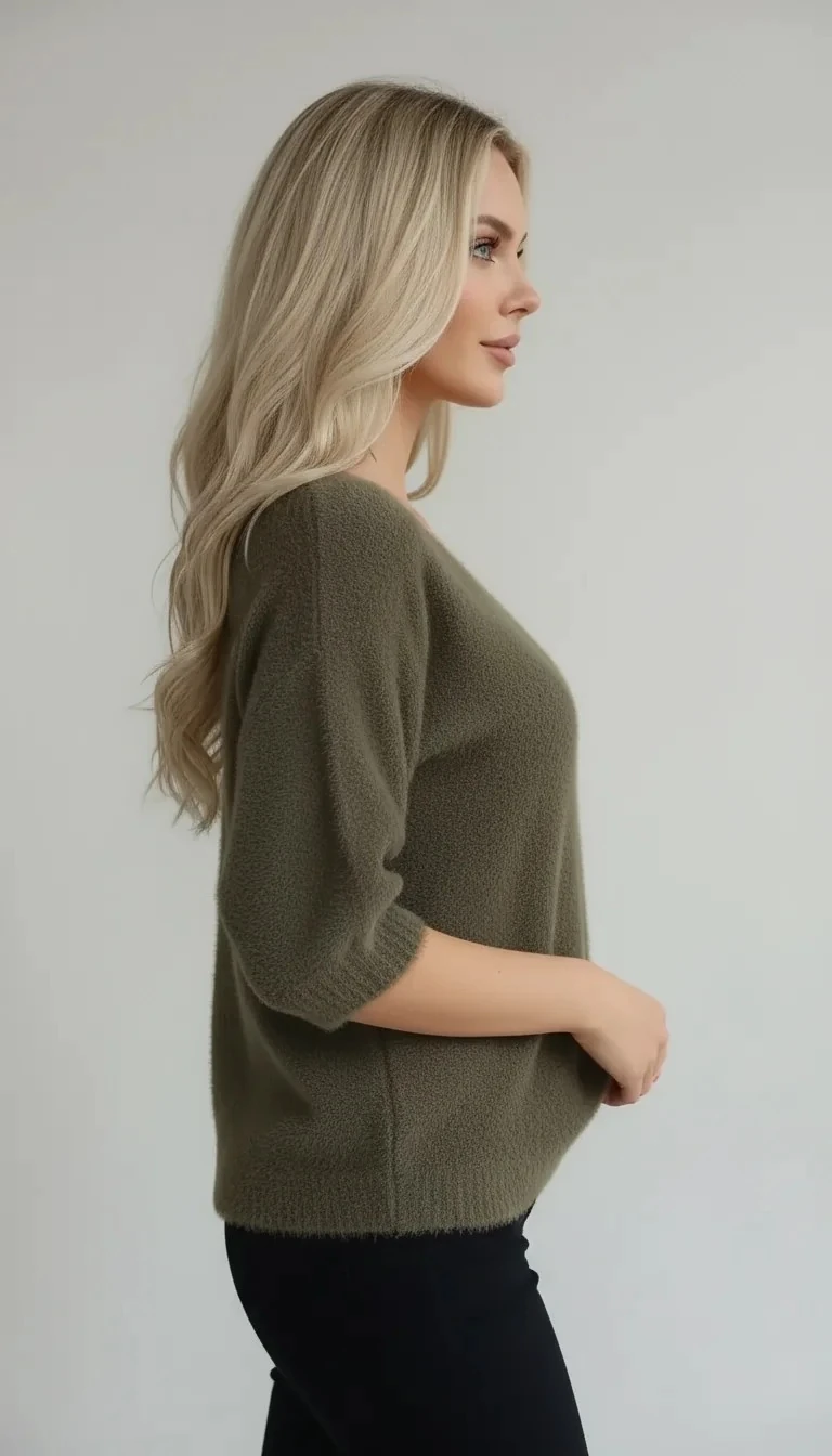 Haki Renk Tüylü 3/4 Kollu Triko