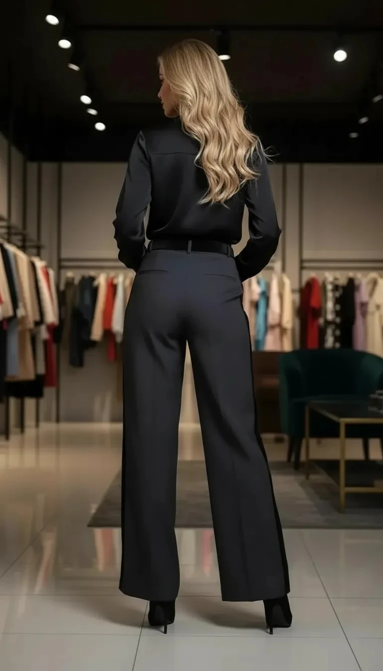 Velvet Şeritli Palazzo Pantolon