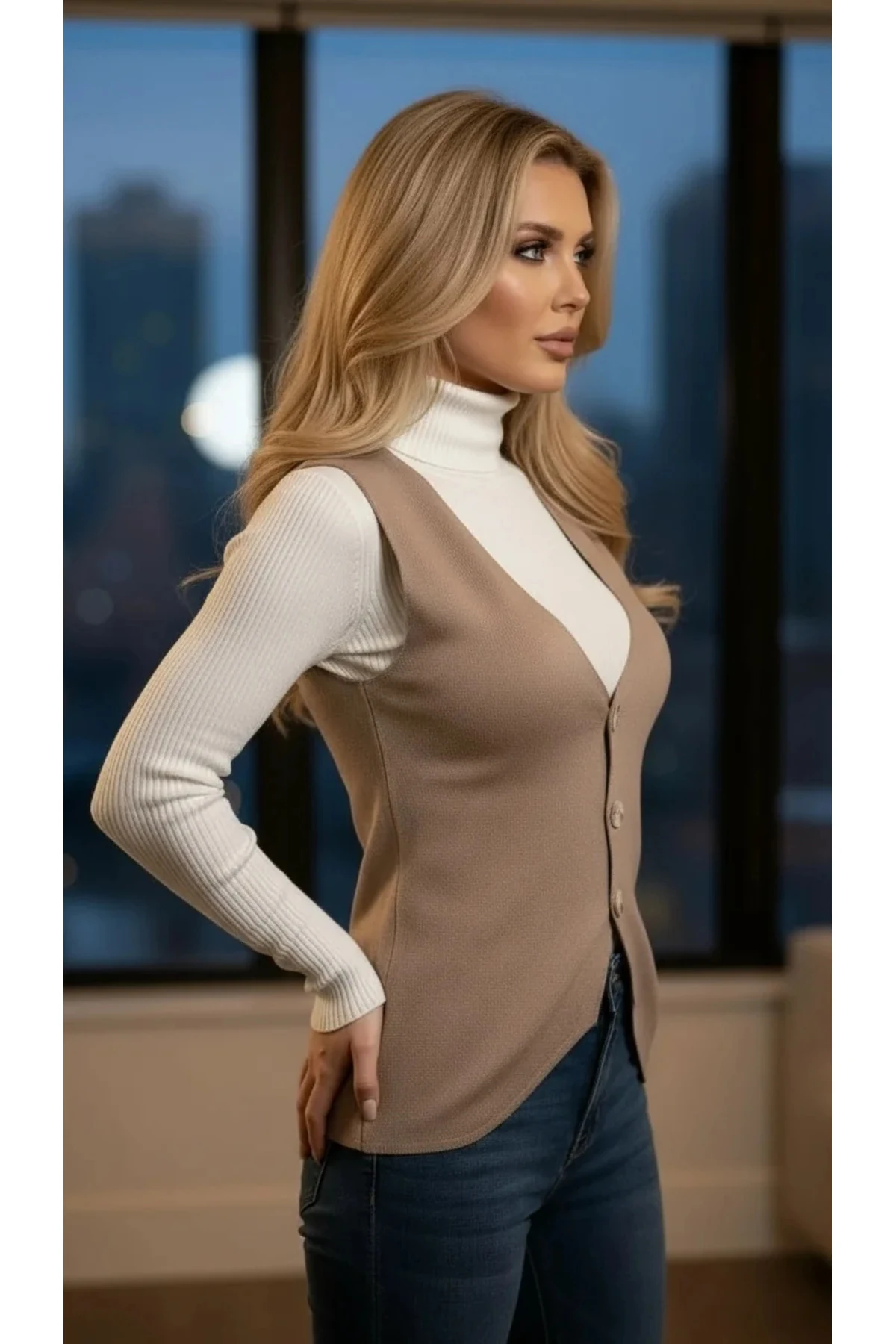 V Yaka Düğmeli Süveter Yelek