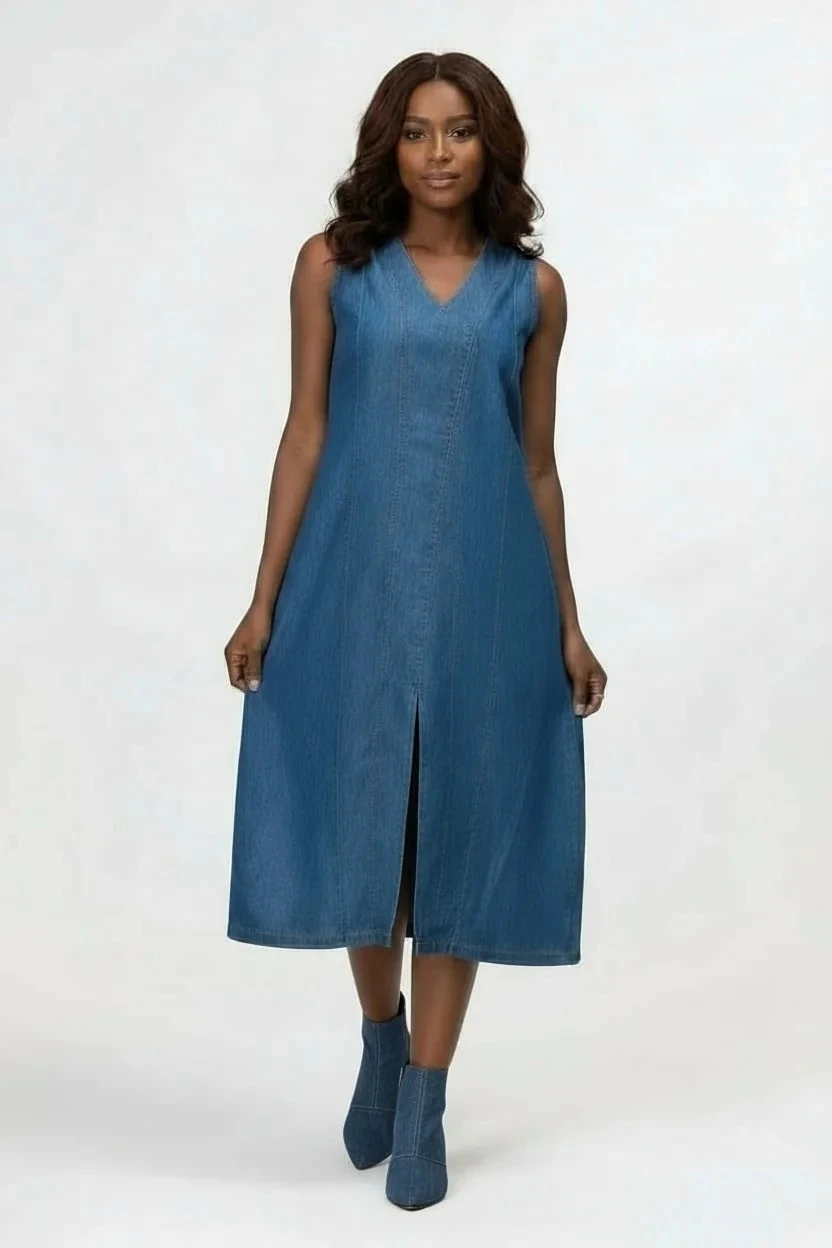 Kadın Yırtmaçlı V Yakalı Kolsuz Pamuklu Elbise mavi kot