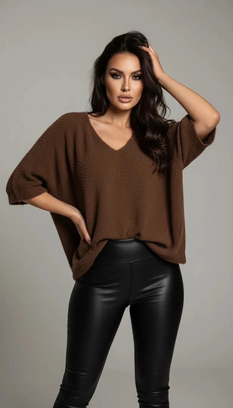 Kahve Tüylü V Yaka  3/4 Kollu TrİKO