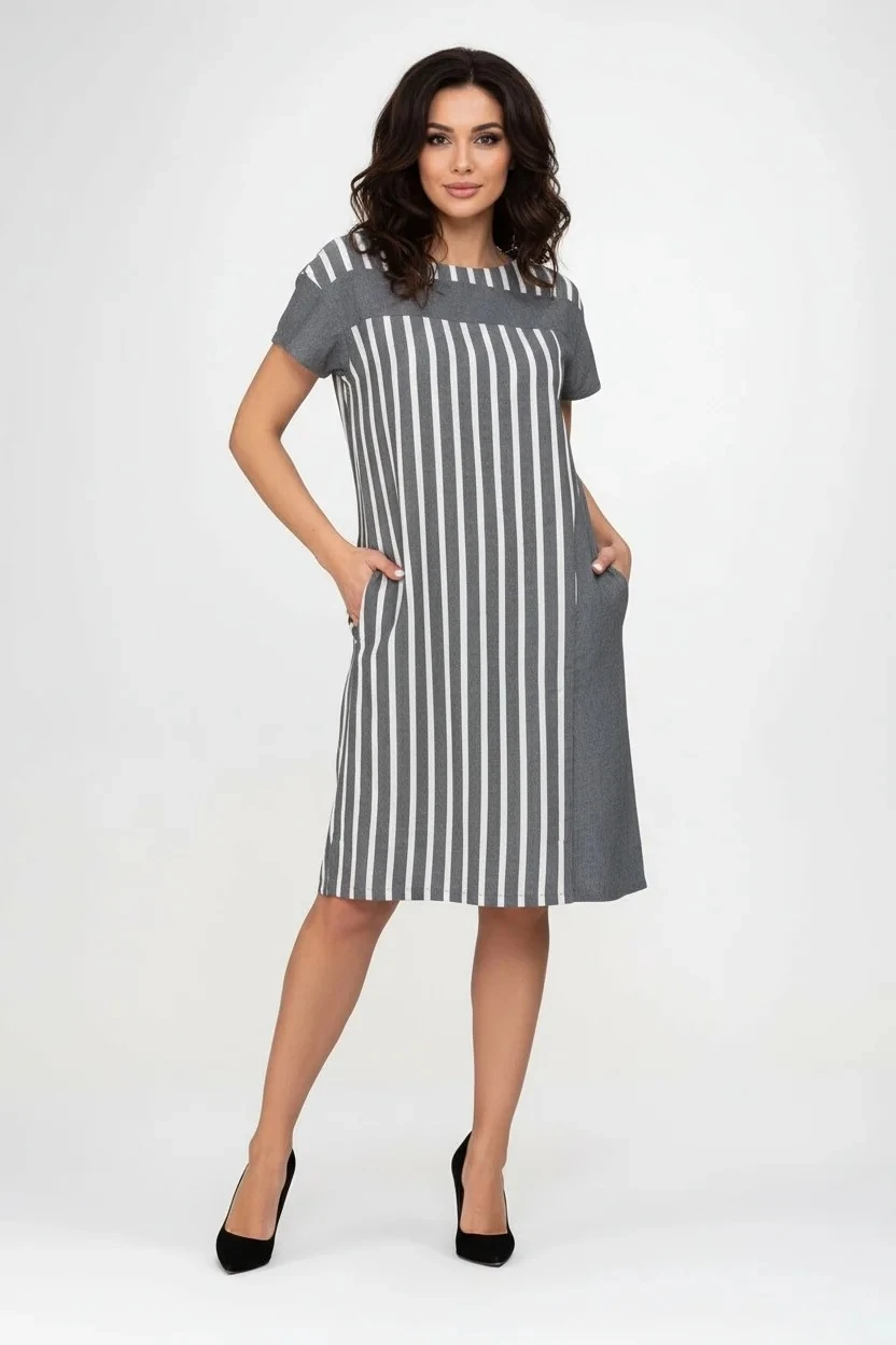 Kadın Pamuklu Çizgili Kombinli Cepli Elbise – Yırtmaçlı Tasarım