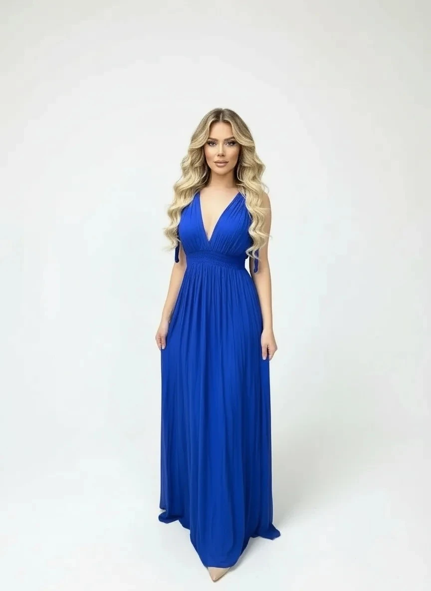 Mavi, Maxi Boy, V Yaka, Askıları Kordon Bağlamalı, Büzgülü/Kırışık Kumaş.