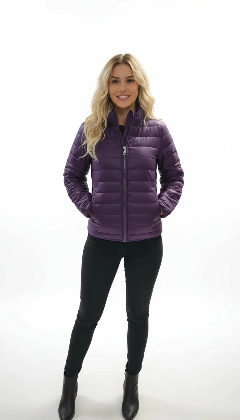 Sierra Otantik Kadın Mor Şişme Mont – Dik Yaka Fermuarlı, Kapitone Detaylı, Kışlık Outdoor Mont