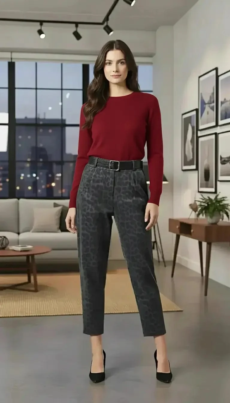 Kemerli Leopar Baskılı Pantolon