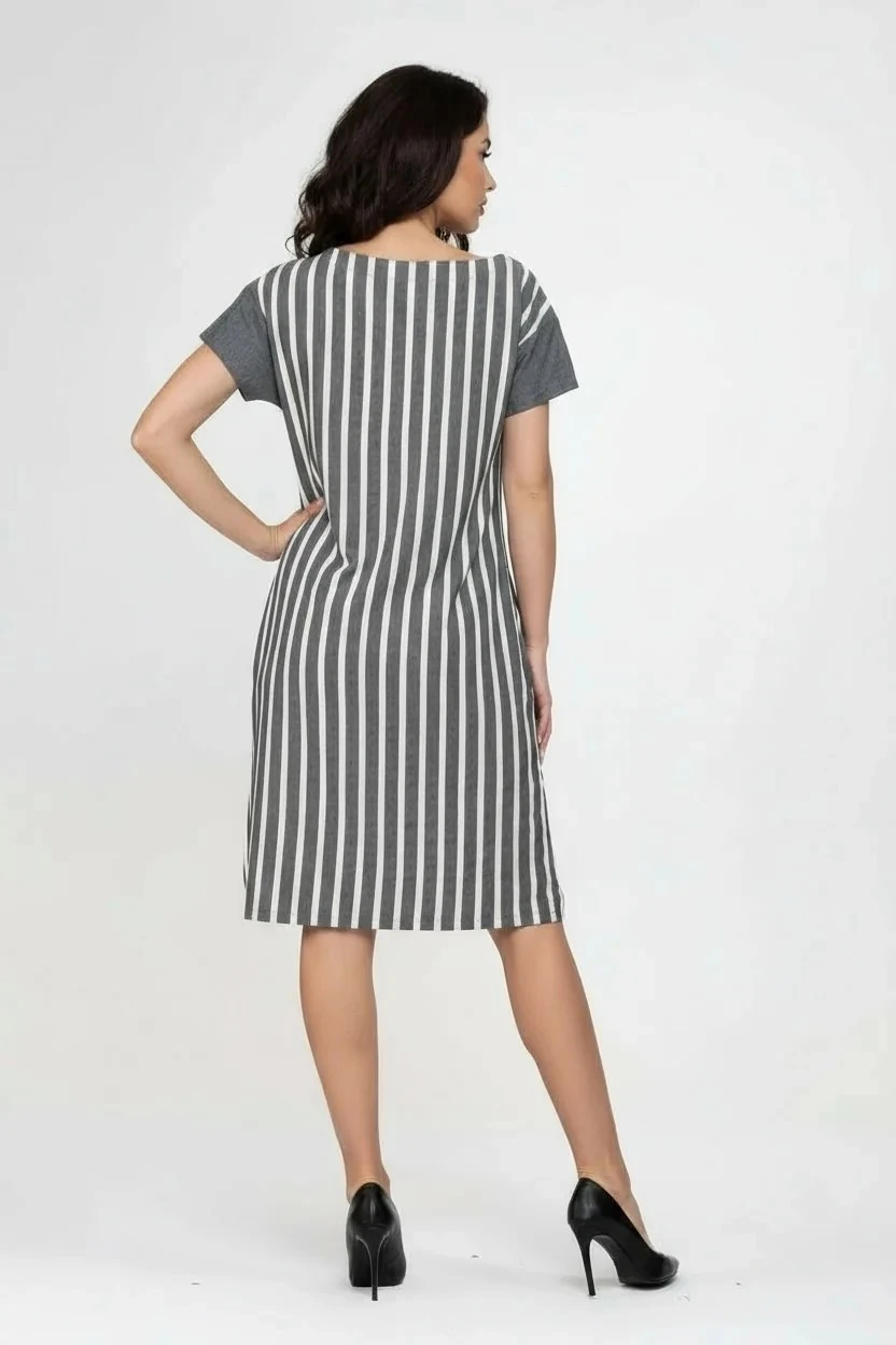 Kadın Pamuklu Çizgili Kombinli Cepli Elbise – Yırtmaçlı Tasarım