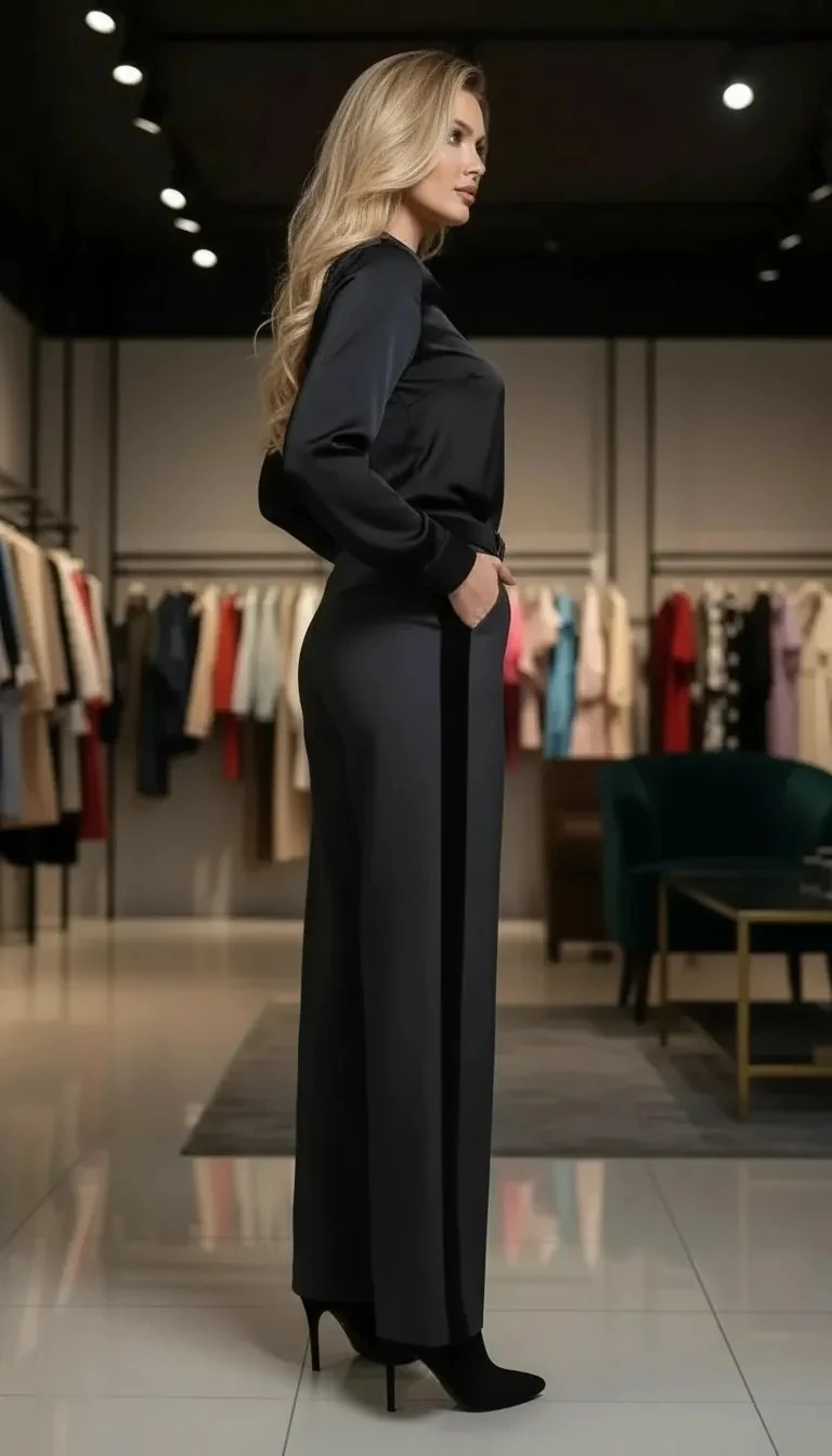 Velvet Şeritli Palazzo Pantolon