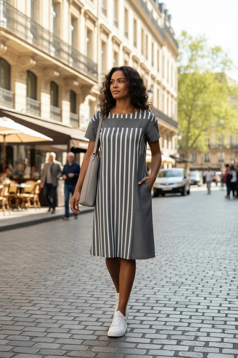 Kadın Pamuklu Çizgili Kombinli Cepli Elbise – Yırtmaçlı Tasarım