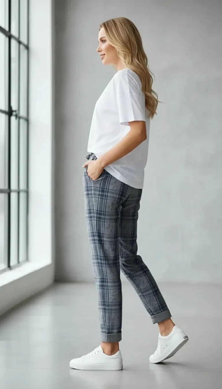 Gri Ekose Desenli Pantolon