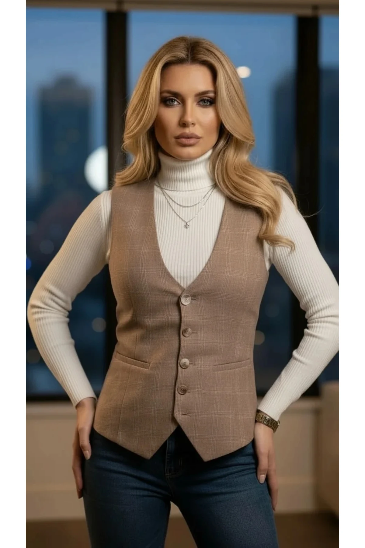 V Yaka Düğmeli Süveter Yelek