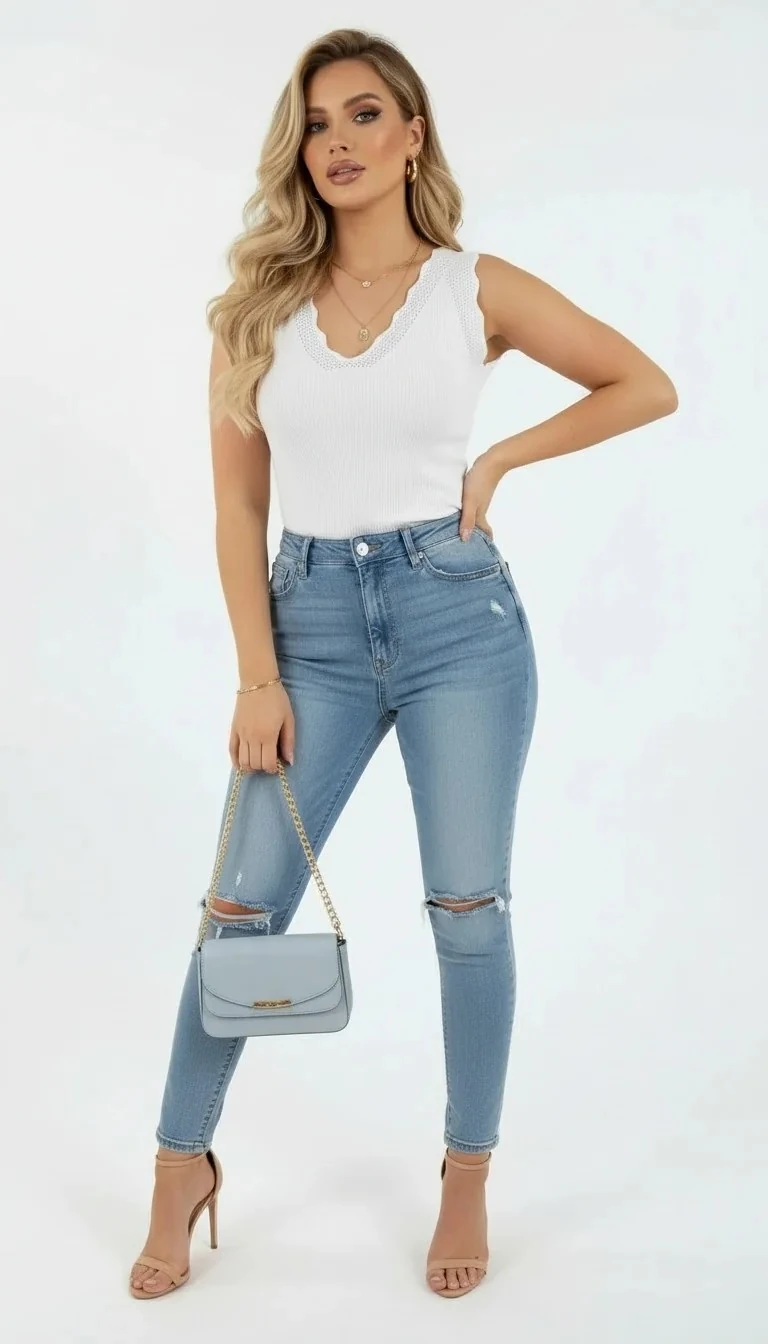 Örgü Dantel Detaylı V Yaka Triko Bluz - Beyaz