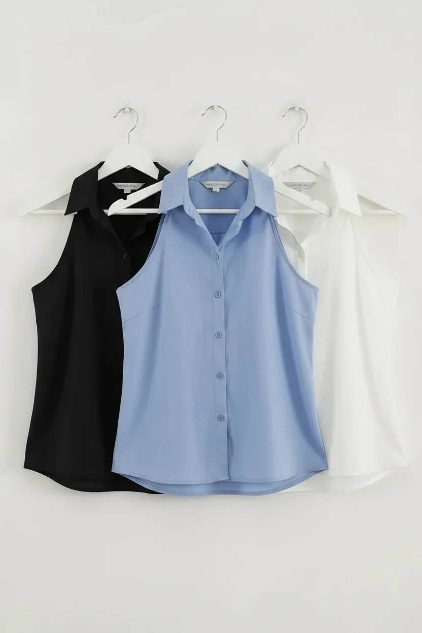 Sierra Otantik Kadın Kolsuz Gömlek – Halter Kesim, Klasik Yaka Düğmeli Açık Mavi Yazlık Bluz