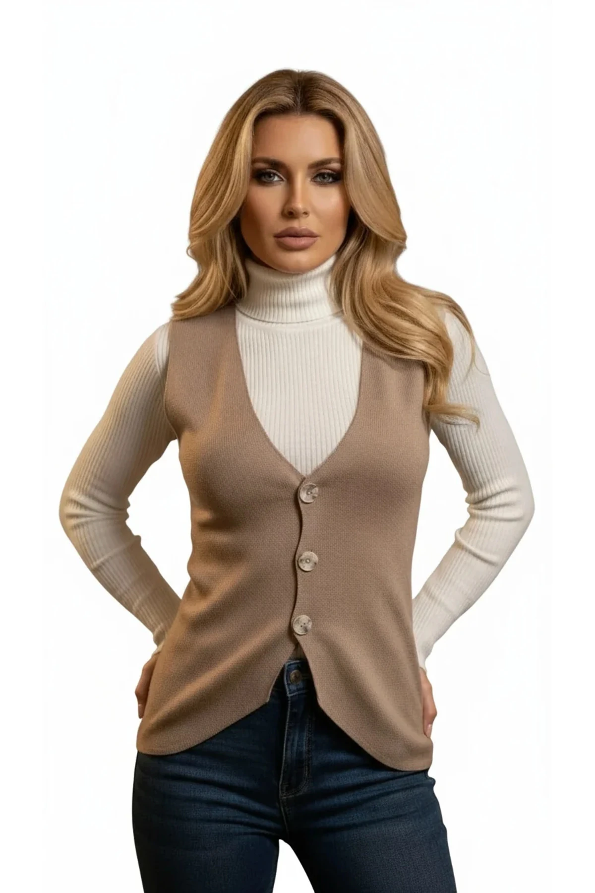 V Yaka Düğmeli Süveter Yelek