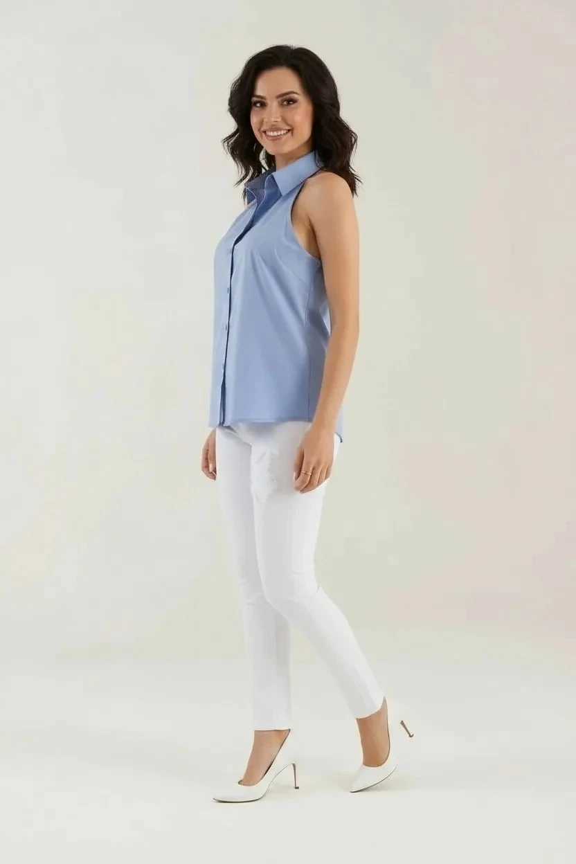 Sierra Otantik Kadın Kolsuz Gömlek – Halter Kesim, Klasik Yaka Düğmeli Açık Mavi Yazlık Bluz