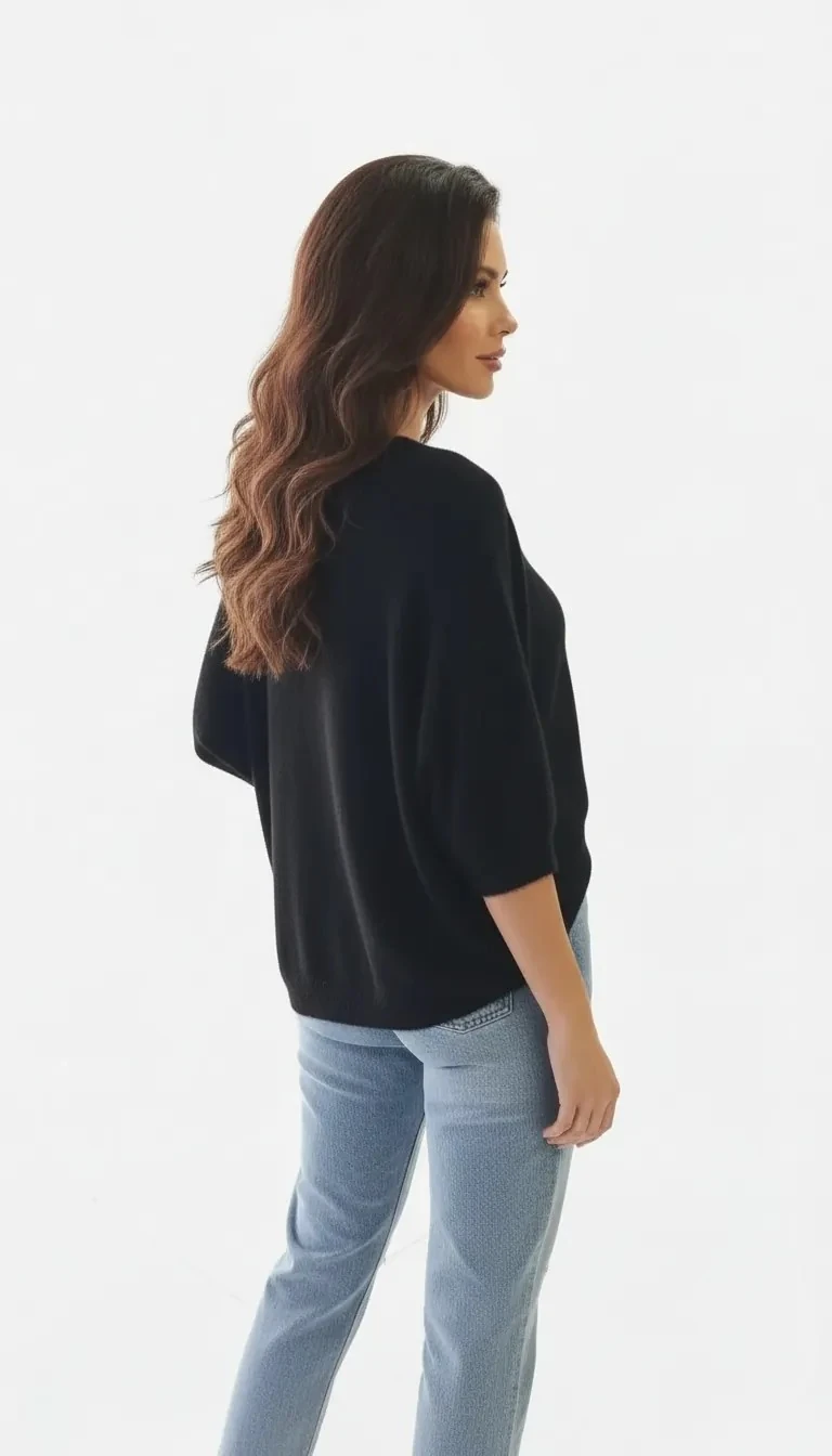 Siyah Tüylü V Yaka  3/4 Kollu Triko