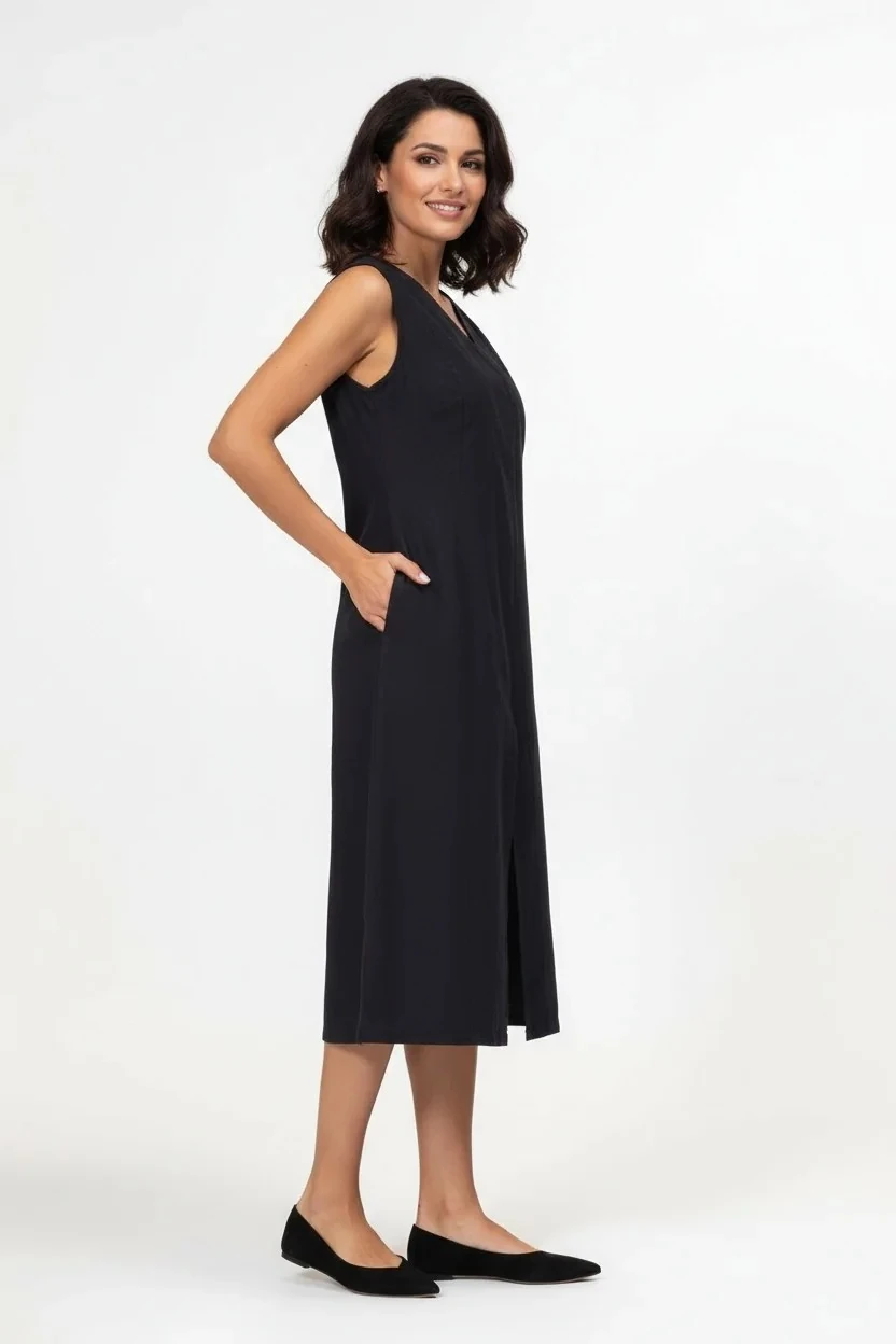 Kadın Yırtmaçlı V Yakalı Kolsuz Pamuklu Elbise siyah