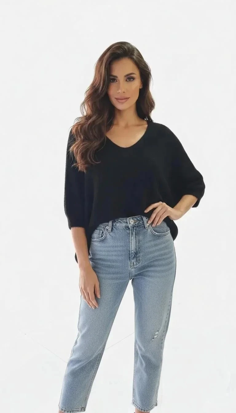 Siyah Tüylü V Yaka  3/4 Kollu Triko