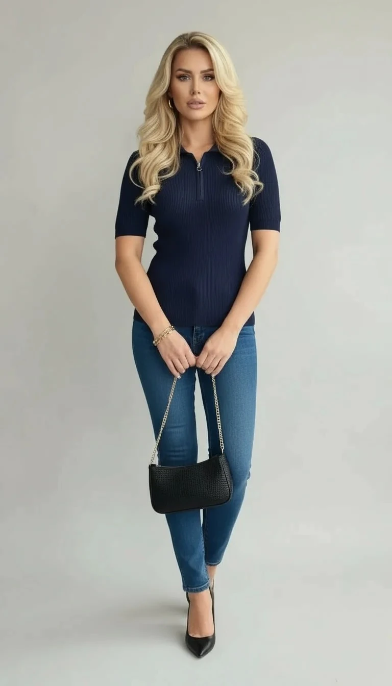 Kadın Kısa Kollu Triko Bluz  - LACİVERT