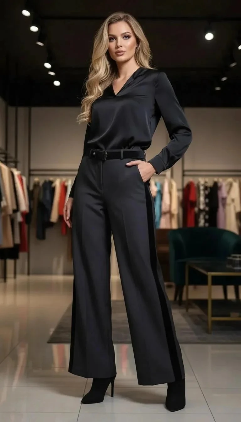 Velvet Şeritli Palazzo Pantolon