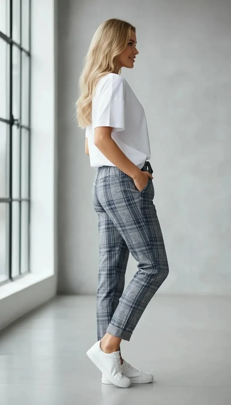 Gri Ekose Desenli Pantolon