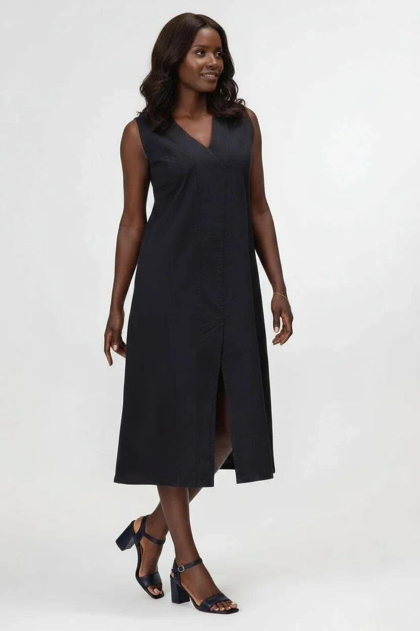 Kadın Yırtmaçlı V Yakalı Kolsuz Pamuklu Elbise siyah