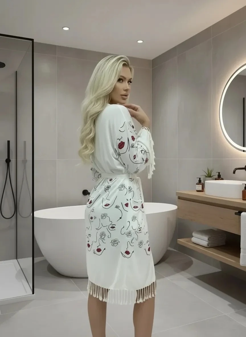 Viskon Pamuk Baskılı Bornoz