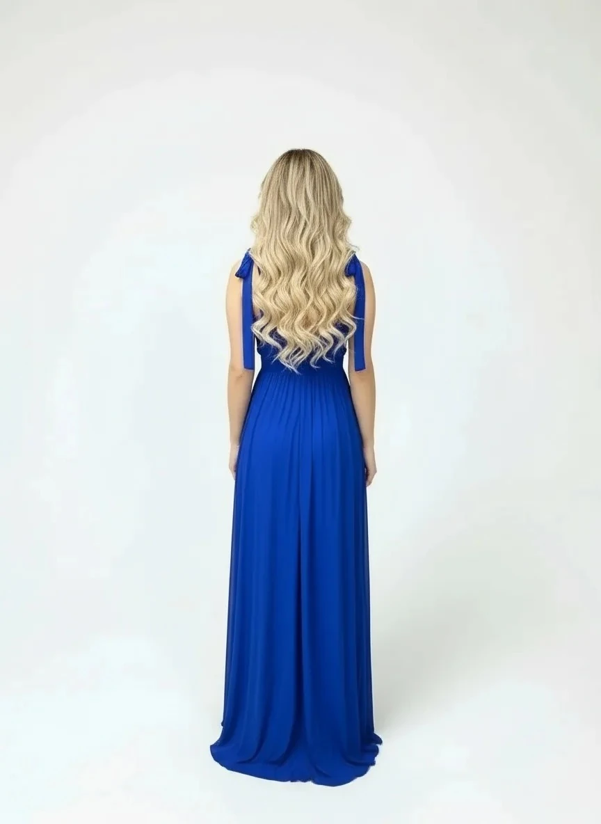 Mavi, Maxi Boy, V Yaka, Askıları Kordon Bağlamalı, Büzgülü/Kırışık Kumaş.