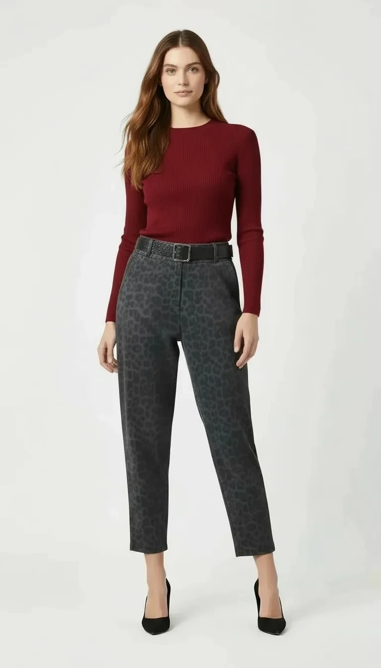 Kemerli Leopar Baskılı Pantolon